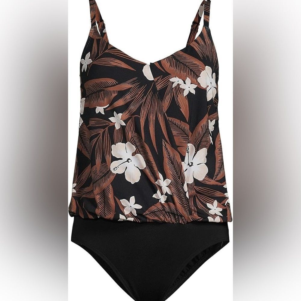 Land's End one piece swimsuit slender suit fabric fauxkini black floral palm 14